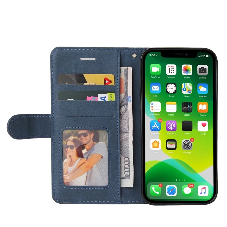 For iPhone 13 6.1 inch Leather Case Wallet Stand Color Splicing Phone Cover - Blue