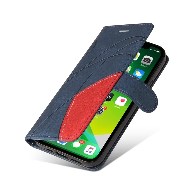 For iPhone 13 6.1 inch Leather Case Wallet Stand Color Splicing Phone Cover - Blue