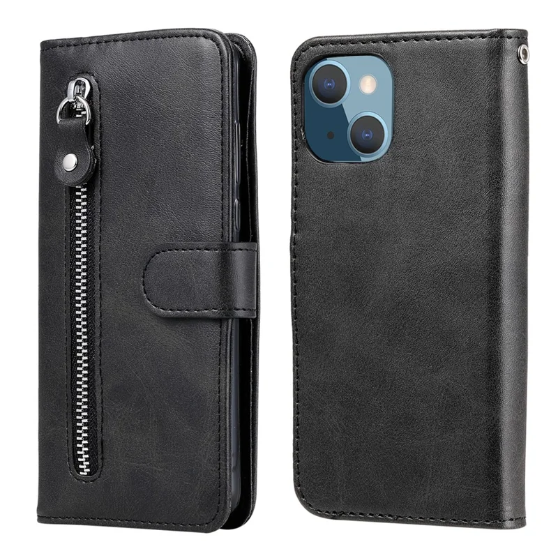 Drop-resistant Zipper Pocket Leather Wallet Phone Shell for iPhone 13 mini 5.4 inch - Black