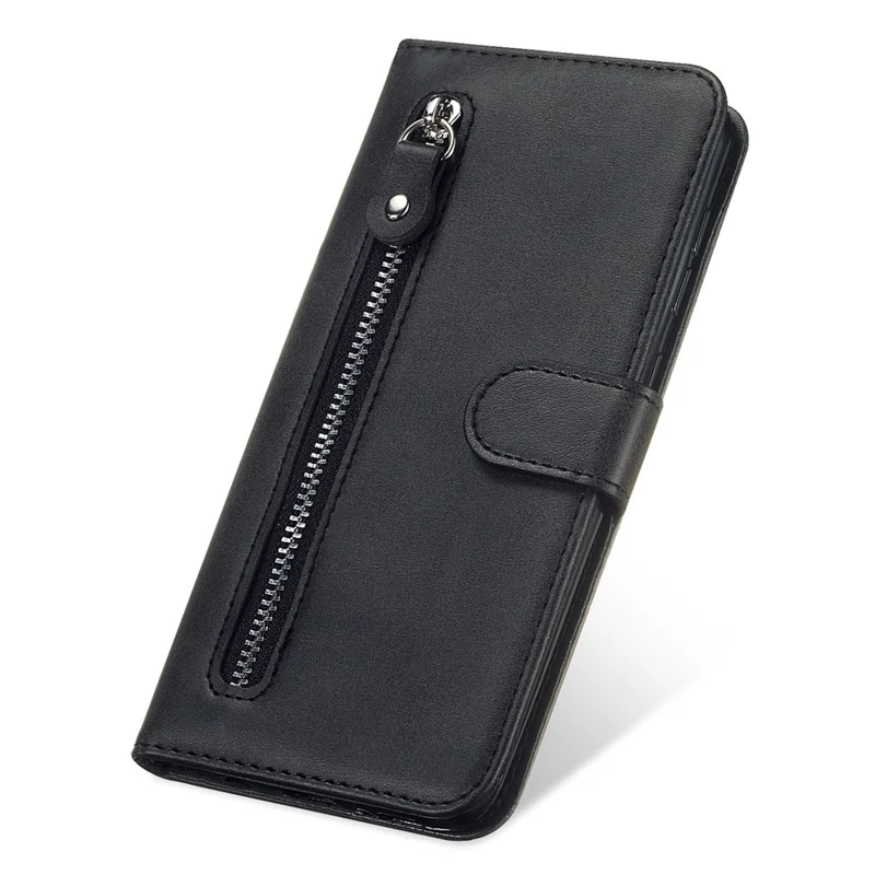 Drop-resistant Zipper Pocket Leather Wallet Phone Shell for iPhone 13 mini 5.4 inch - Black