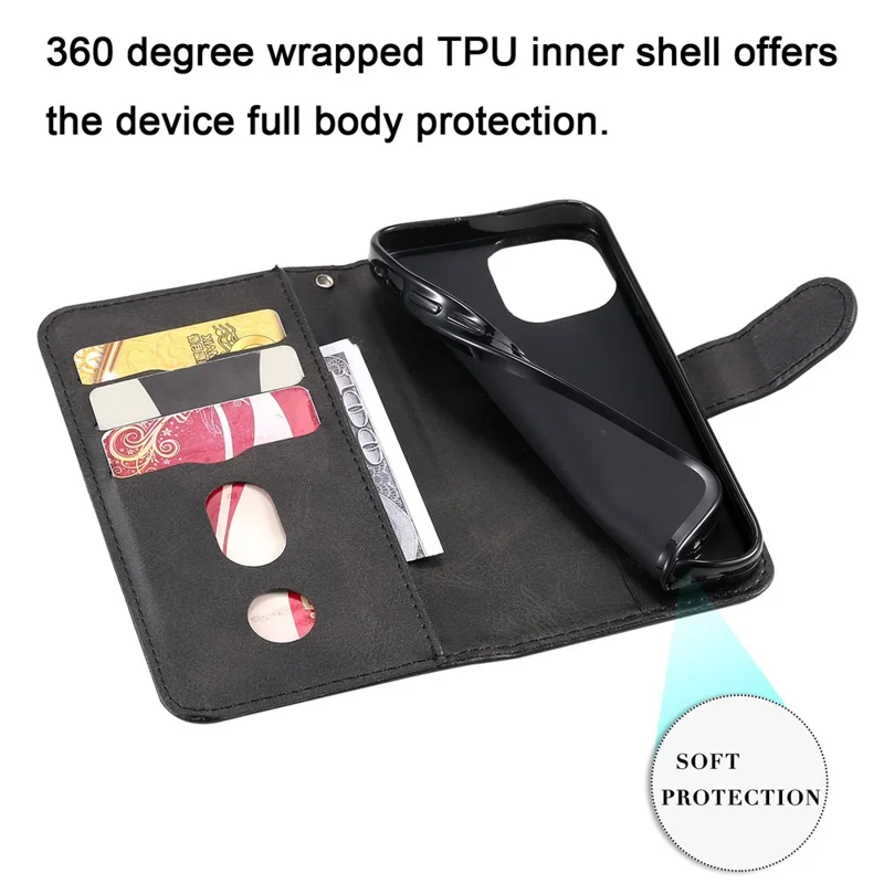 Drop-resistant Zipper Pocket Leather Wallet Phone Shell for iPhone 13 mini 5.4 inch - Black