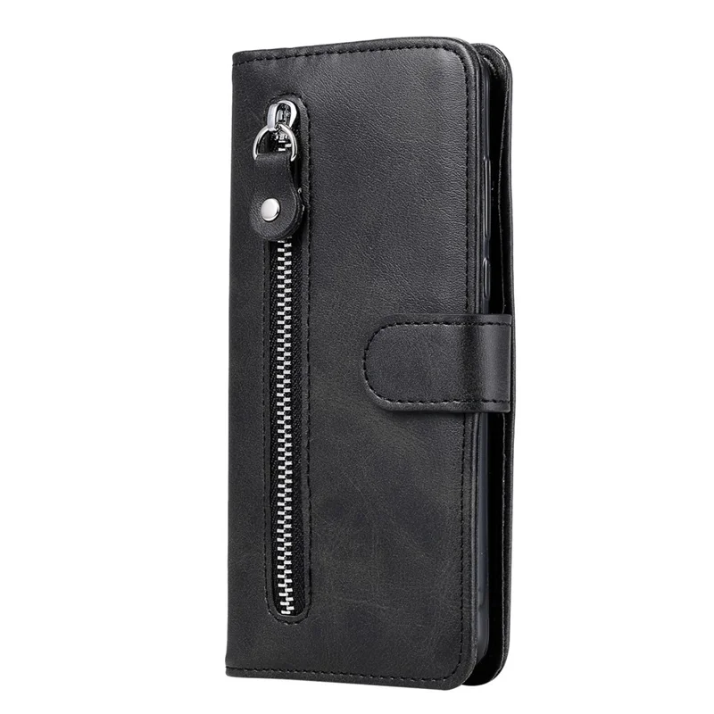 Drop-resistant Zipper Pocket Leather Wallet Phone Shell for iPhone 13 mini 5.4 inch - Black