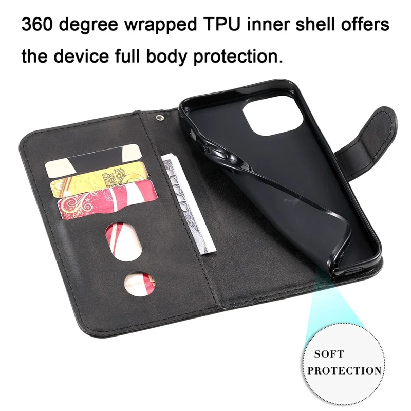 Fuld beskyttende læderwallet med lynlåsetaske til iPhone 13 6,1 tommer - Sort