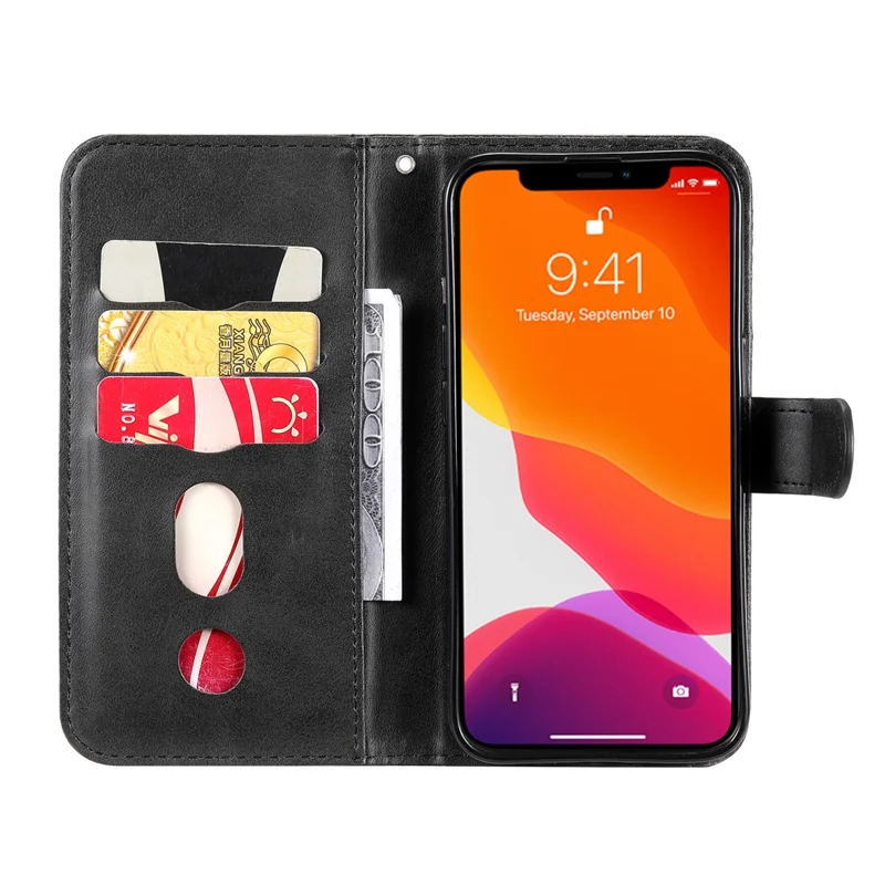 Fuld beskyttende læderwallet med lynlåsetaske til iPhone 13 6,1 tommer - Sort