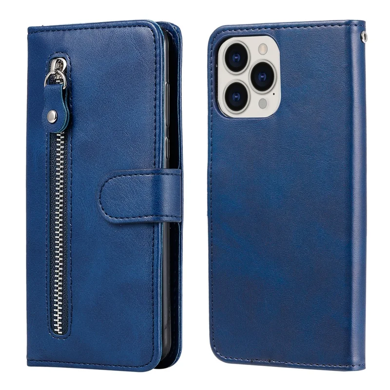Anti-fall Zipper Pocket Leather Wallet Phone Case Shell for iPhone 13 Pro Max 6.7 inch - Blue