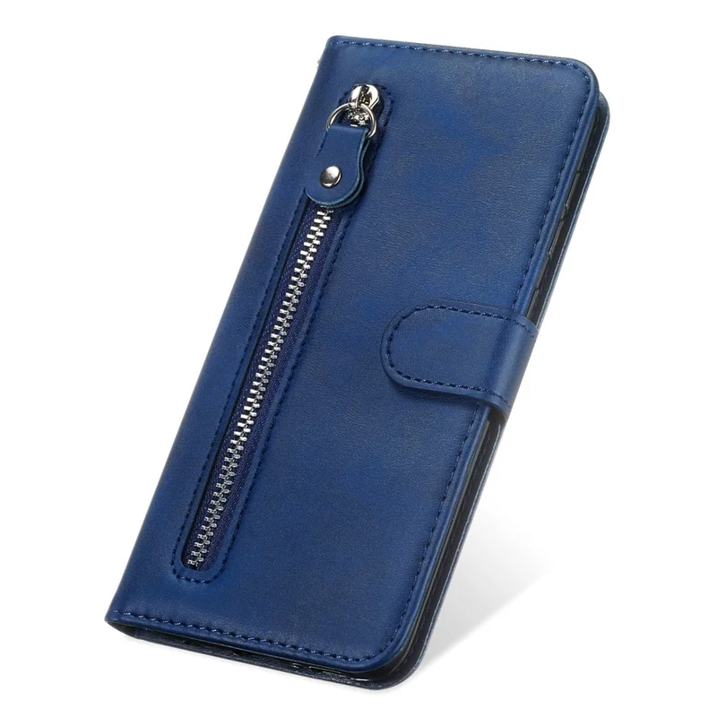 Anti-fall Zipper Pocket Leather Wallet Phone Case Shell for iPhone 13 Pro Max 6.7 inch - Blue