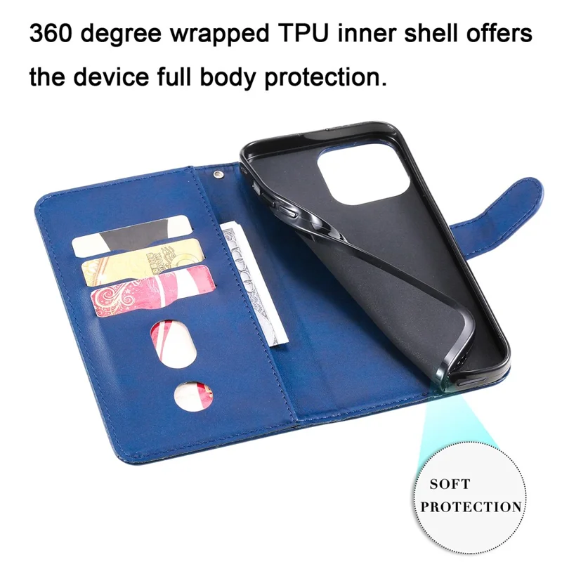 Anti-fall Zipper Pocket Leather Wallet Phone Case Shell for iPhone 13 Pro Max 6.7 inch - Blue