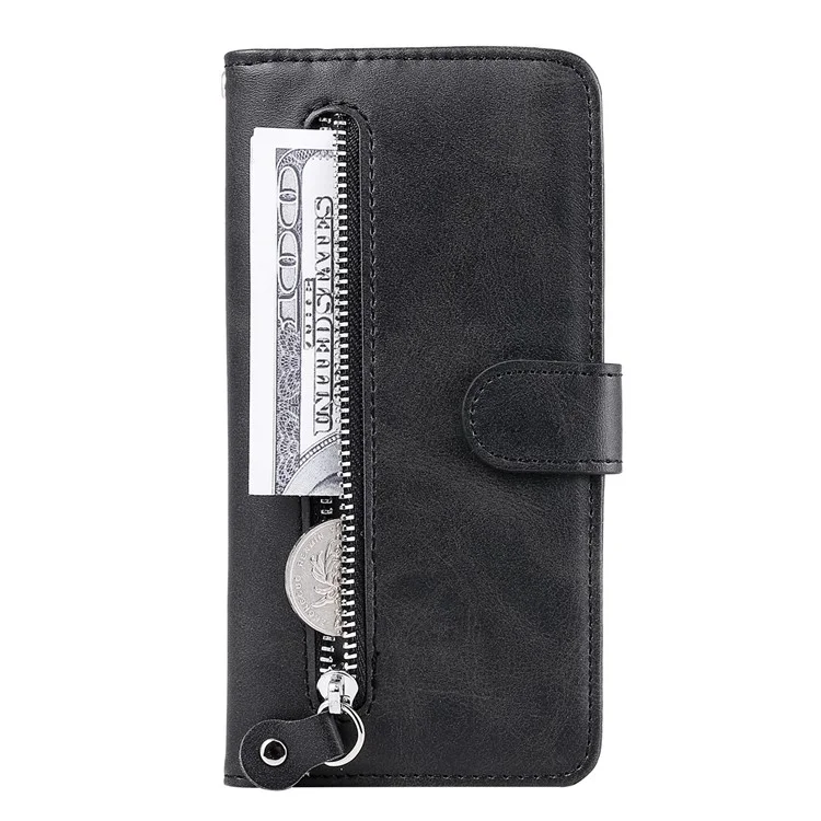 Scratch-proof Cover Zipper Pocket Leather Wallet Shell for iPhone 13 Pro 6.1 inch - Black