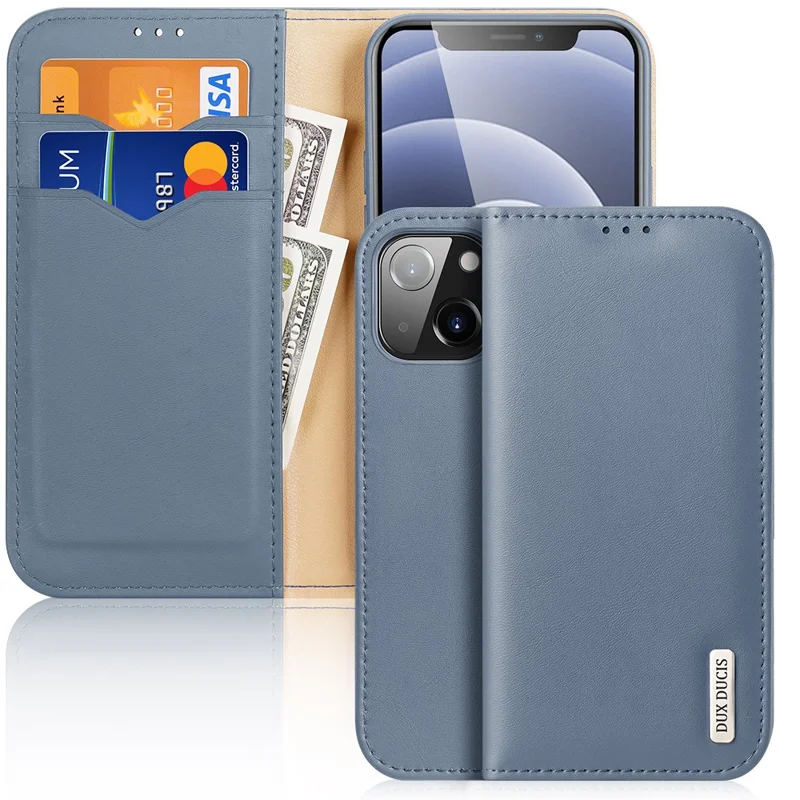 DUX DUCIS Hivo Series Shockproof Split Leather Phone Stand Case Wallet Protective Shell for iPhone 13 mini 5.4 inch - Baby Blue