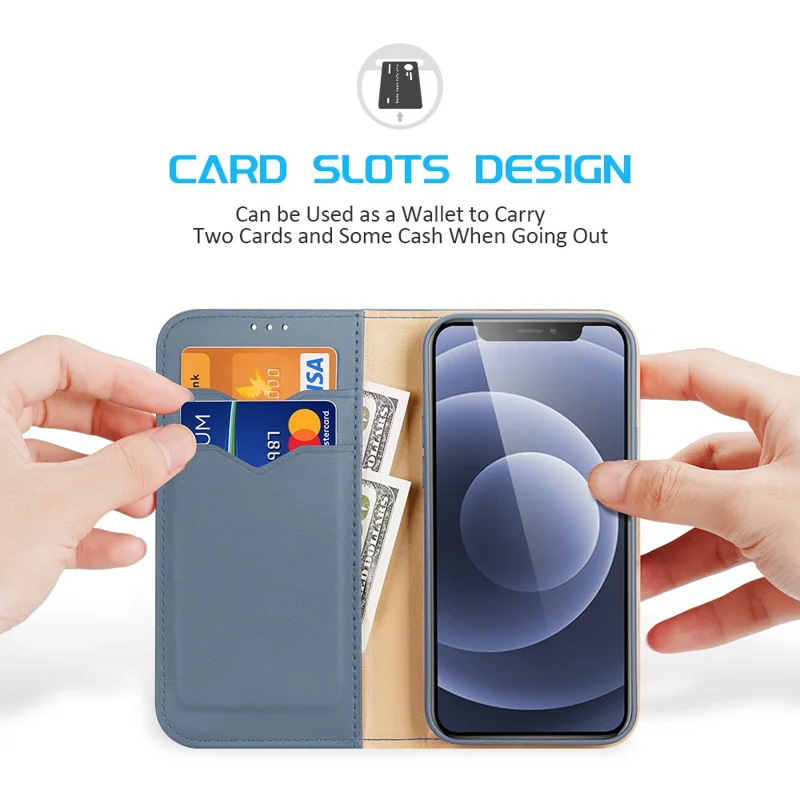 DUX DUCIS Hivo Series Shockproof Split Leather Phone Stand Case Wallet Protective Shell for iPhone 13 mini 5.4 inch - Baby Blue