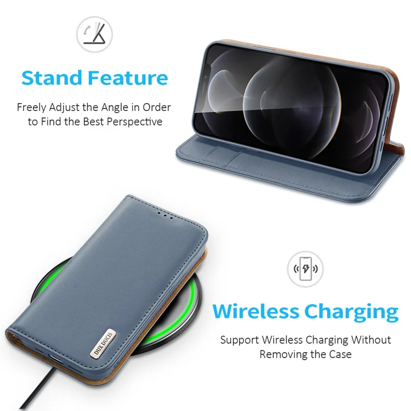DUX DUCIS Hivo Series Shockproof Split Leather Phone Stand Case Wallet Protective Shell for iPhone 13 mini 5.4 inch - Baby Blue