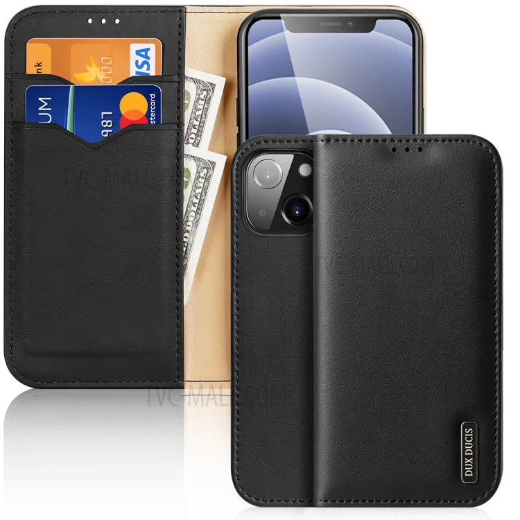 DUX DUCIS Hivo Series Shockproof Split Leather Phone Stand Case Wallet Protective Shell for iPhone 13 mini 5.4 inch - Black
