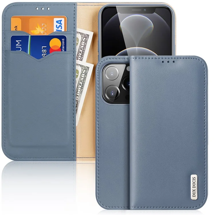 Dux Ducis Series Series Split Leather Chetele Full Body Shrotect Coverse Cover Case с Складной Подставкой Для Iphone 13 Pro 6,1 Дюйма - Нежно Голубые