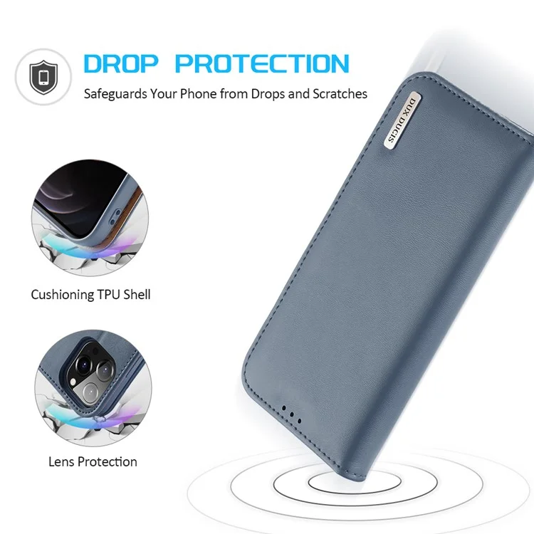 Dux Ducis Series Series Split Leather Chetele Full Body Shrotect Coverse Cover Case с Складной Подставкой Для Iphone 13 Pro 6,1 Дюйма - Нежно Голубые