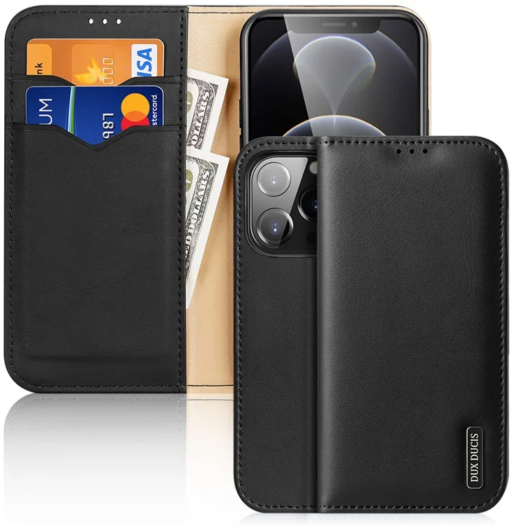 Dux Ducis Series Series Split Leather Chetele Full Body Shrotect Coverse Cover Case с Складной Подставкой Для Iphone 13 Pro 6,1 Дюйма - Черный