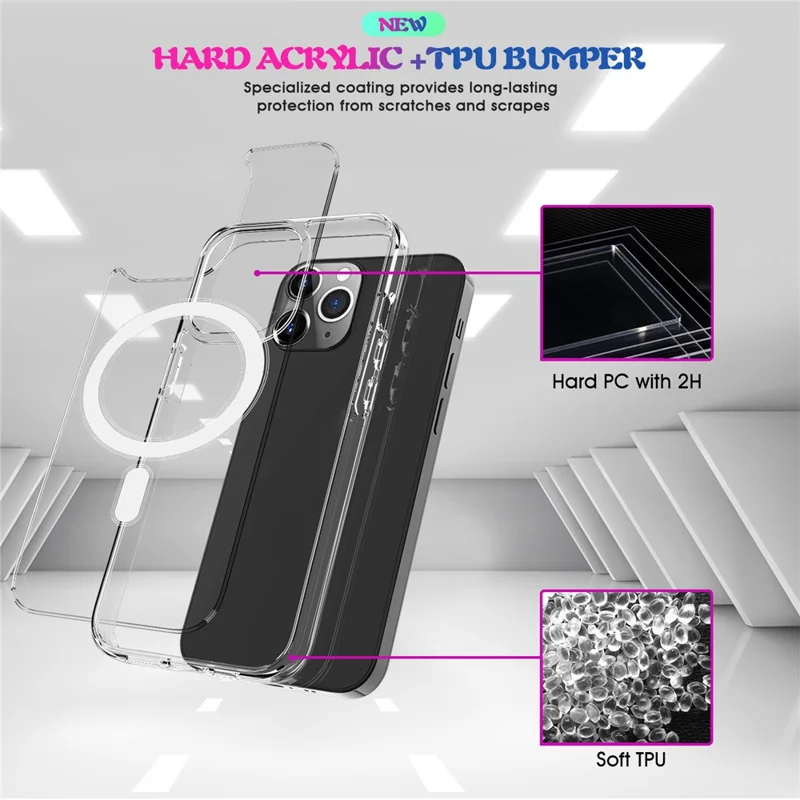 Plastic and Soft TPU Magnetic Cover Simple Crystal Clear Shockproof Shell for iPhone 13 Pro
