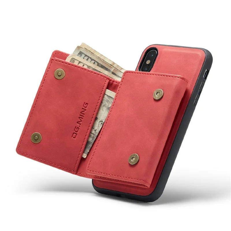 DG.MING M1 Series Phone Case PU + TPU + PC Back Cover with Magnetic Tri-Fold Wallet Kickstand for iPhone X / XS 5.8 inch - Red