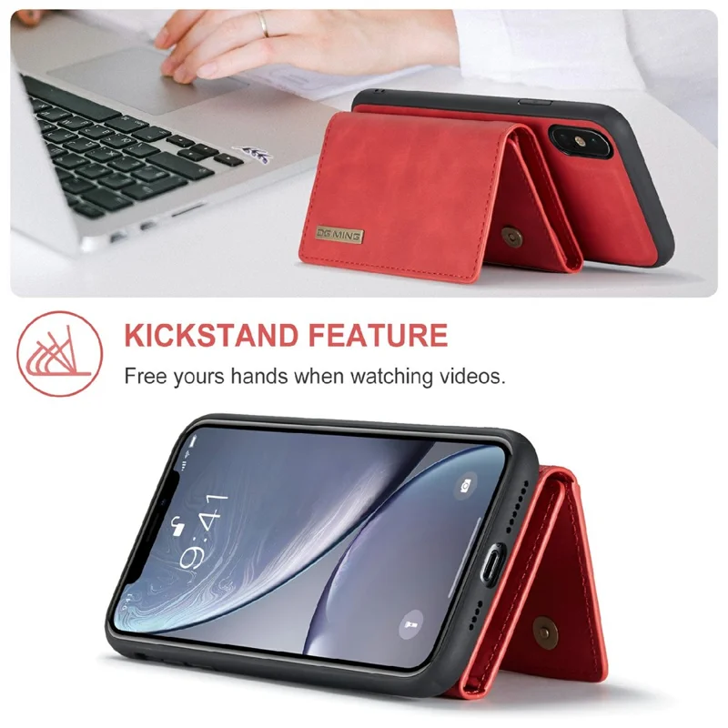 DG.MING M1 Series Phone Case PU + TPU + PC Back Cover with Magnetic Tri-Fold Wallet Kickstand for iPhone X / XS 5.8 inch - Red
