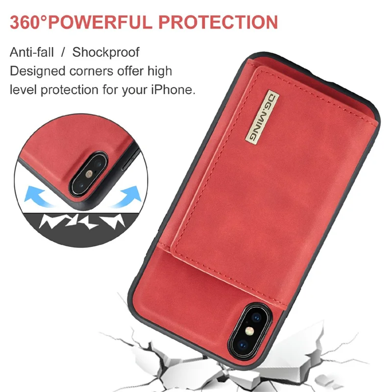 DG.MING M1 Series Phone Case PU + TPU + PC Back Cover with Magnetic Tri-Fold Wallet Kickstand for iPhone X / XS 5.8 inch - Red