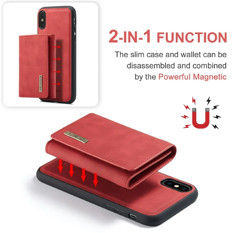 DG.MING M1 Series Phone Case PU + TPU + PC Back Cover with Magnetic Tri-Fold Wallet Kickstand for iPhone X / XS 5.8 inch - Red