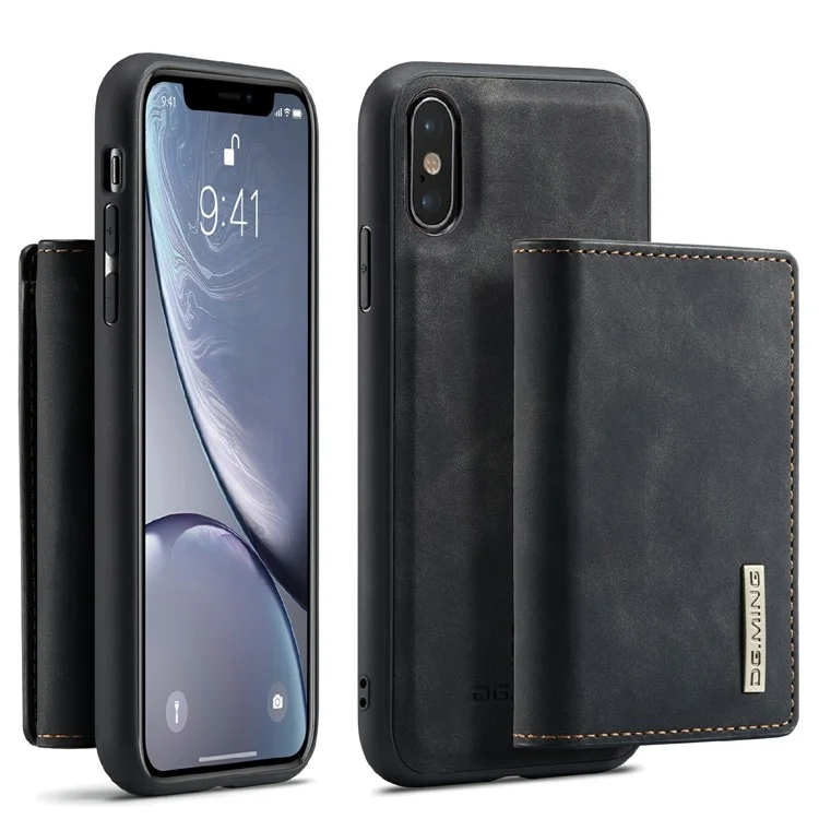 DG.MING M1 Series Magnetic Well-protected Wallet Design Leather Coated Hybrid Case with Kickstand for iPhone X/XS 5.8 inch - Black