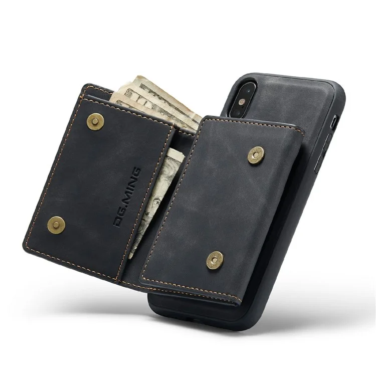 DG.MING M1 Series Magnetic Well-protected Wallet Design Leather Coated Hybrid Case with Kickstand for iPhone X/XS 5.8 inch - Black
