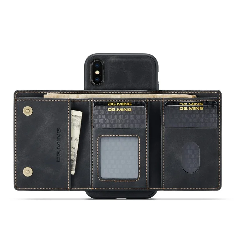 DG.MING M1 Series Magnetic Well-protected Wallet Design Leather Coated Hybrid Case with Kickstand for iPhone X/XS 5.8 inch - Black