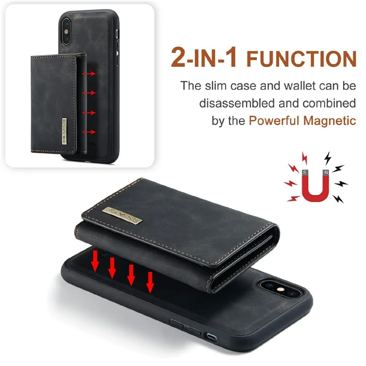 DG.MING M1 Series Magnetic Well-protected Wallet Design Leather Coated Hybrid Case with Kickstand for iPhone X/XS 5.8 inch - Black