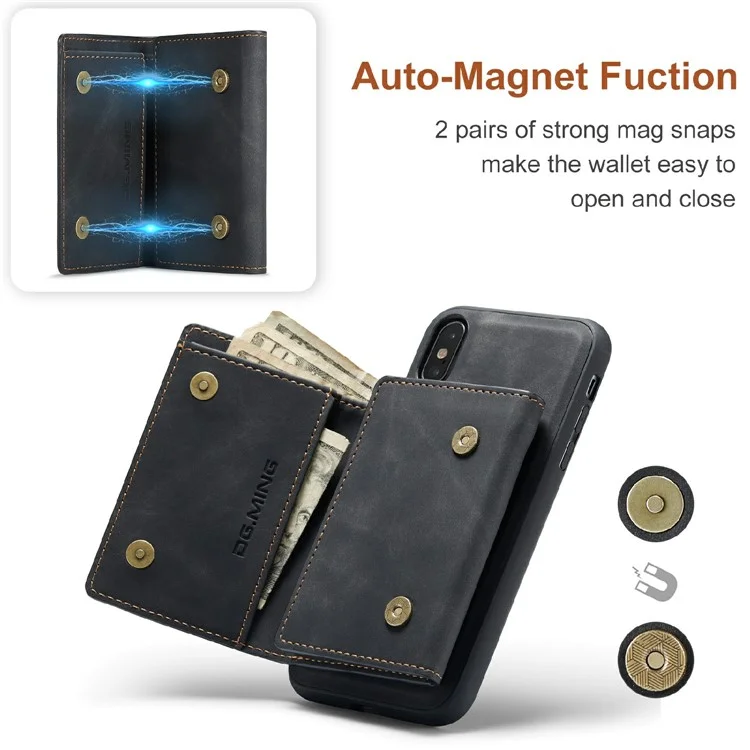 DG.MING M1 Series Magnetic Well-protected Wallet Design Leather Coated Hybrid Case with Kickstand for iPhone X/XS 5.8 inch - Black