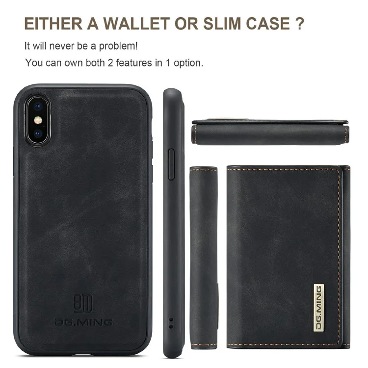 DG.MING M1 Series Magnetic Well-protected Wallet Design Leather Coated Hybrid Case with Kickstand for iPhone X/XS 5.8 inch - Black