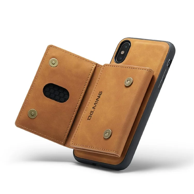 DG.MING M2 Series Magnetic Anti-drop Wallet Design Leather Coated Hybrid Case with Kickstand for iPhone X/XS 5.8 inch - Marrone