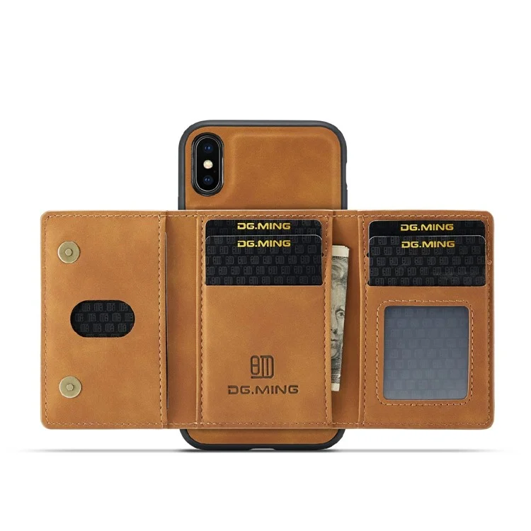 DG.MING M2 Series Magnetic Anti-drop Wallet Design Leather Coated Hybrid Case with Kickstand for iPhone X/XS 5.8 inch - Marrone
