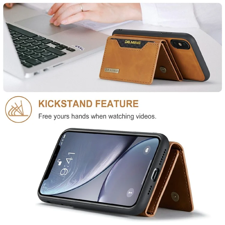 DG.MING M2 Series Magnetic Anti-drop Wallet Design Leather Coated Hybrid Case with Kickstand for iPhone X/XS 5.8 inch - Marrone