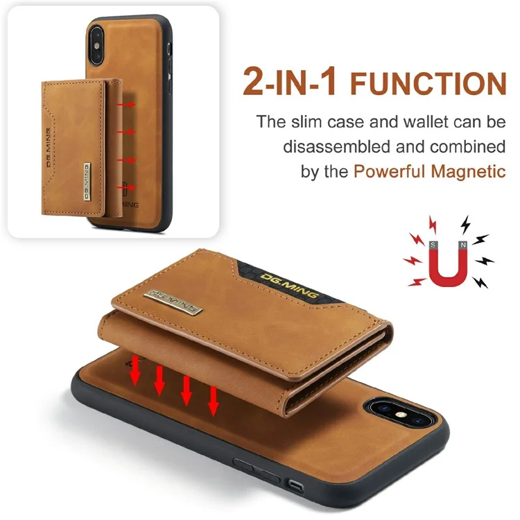 DG.MING M2 Series Magnetic Anti-drop Wallet Design Leather Coated Hybrid Case with Kickstand for iPhone X/XS 5.8 inch - Marrone