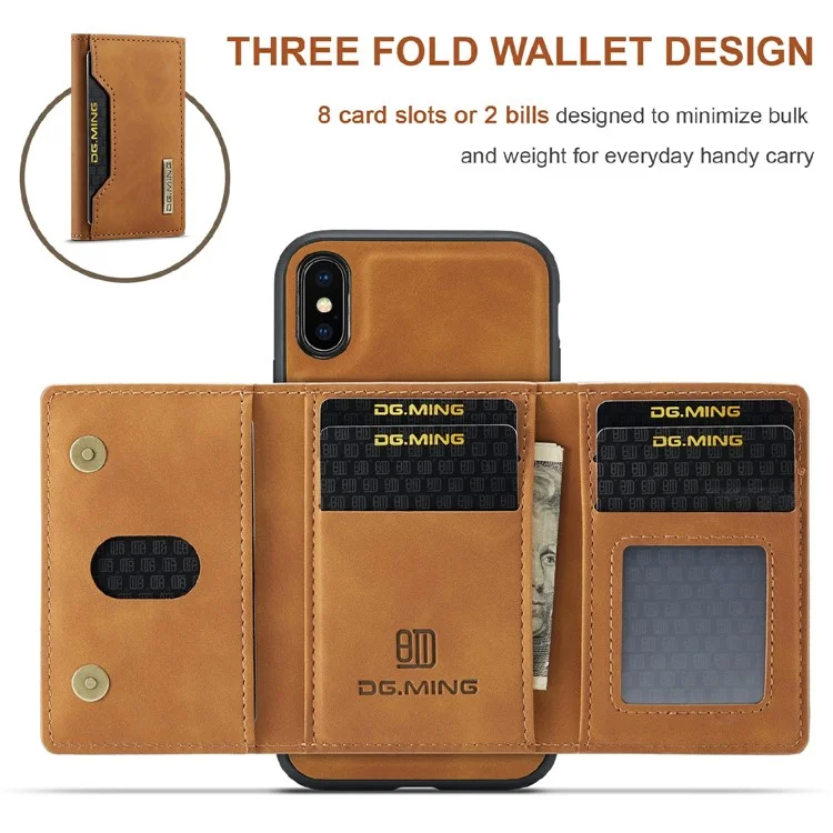 DG.MING M2 Series Magnetic Anti-drop Wallet Design Leather Coated Hybrid Case with Kickstand for iPhone X/XS 5.8 inch - Marrone