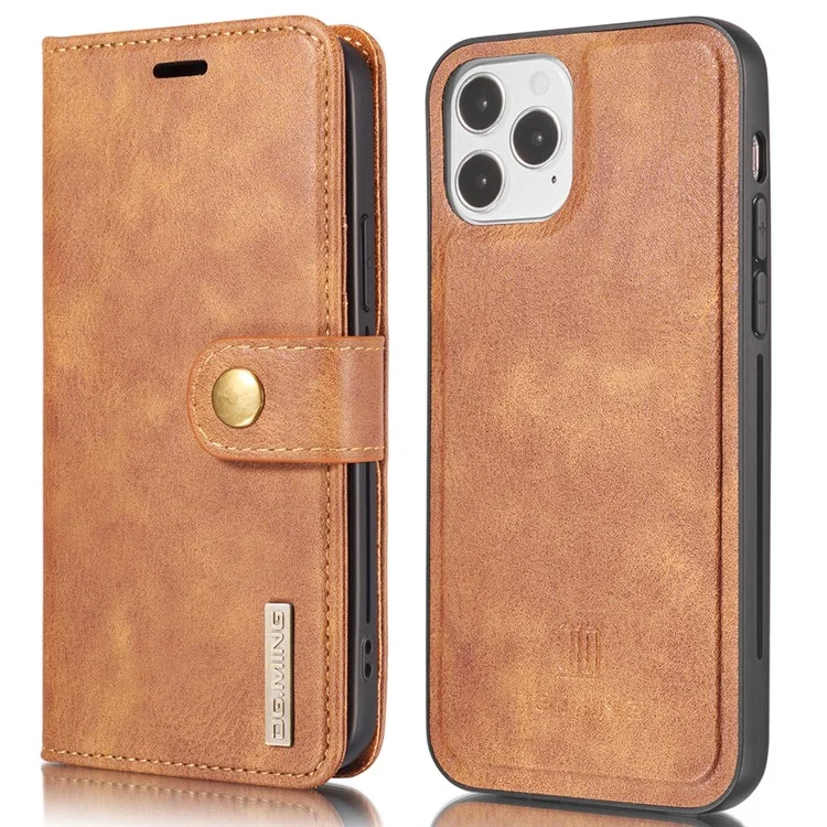 DG.MING For iPhone 13 Pro 6.1 inch Drop-resistant Anti-scratch Split Leather Wallet Detachable 2-in-1 Phone Shell - Brown