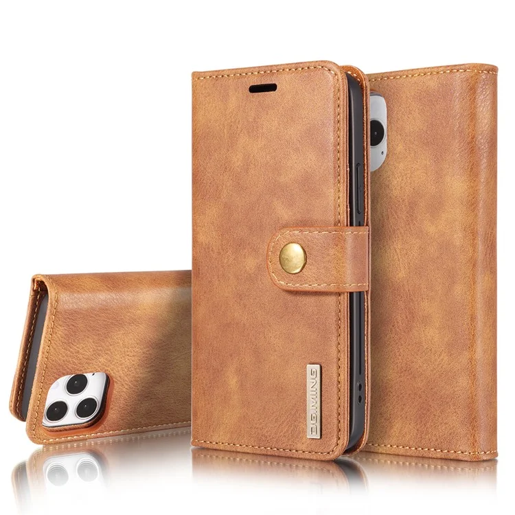 DG.MING For iPhone 13 Pro 6.1 inch Drop-resistant Anti-scratch Split Leather Wallet Detachable 2-in-1 Phone Shell - Brown