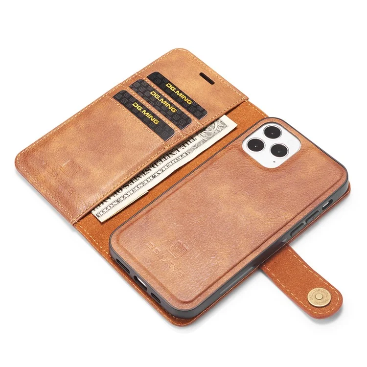 DG.MING For iPhone 13 Pro 6.1 inch Drop-resistant Anti-scratch Split Leather Wallet Detachable 2-in-1 Phone Shell - Brown