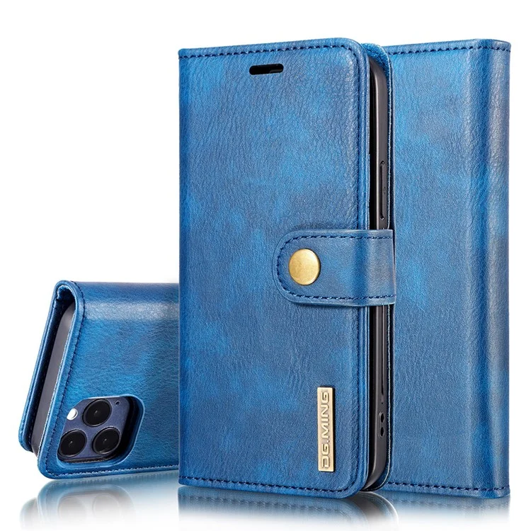 DG.MING For iPhone 13 Pro 6.1 inch Drop-resistant Anti-scratch Split Leather Wallet Detachable 2-in-1 Phone Shell - Blue