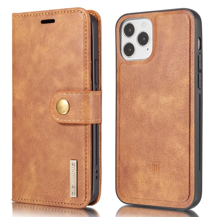 DG.MING For iPhone 13 Full Protection Anti-scratch Split Leather Wallet Detachable 2-in-1 Phone Case - Brown