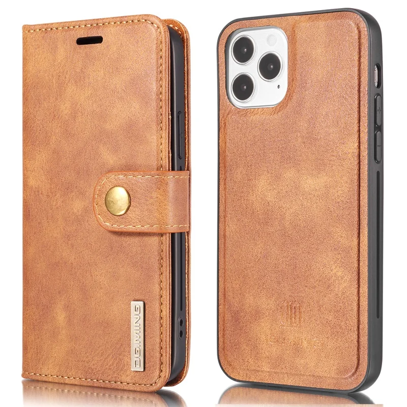 DG.MING Anti-scratch Split Leather Wallet Design Detachable 2-in-1 Phone Cover for iPhone 13 mini 5.4 inch - Brown