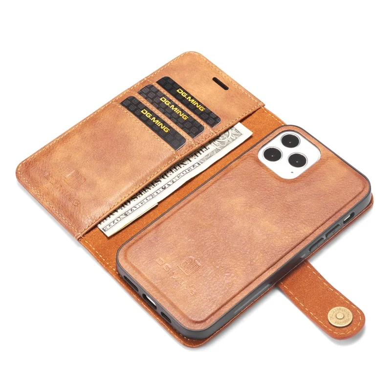 DG.MING Anti-scratch Split Leather Wallet Design Detachable 2-in-1 Phone Cover for iPhone 13 mini 5.4 inch - Brown