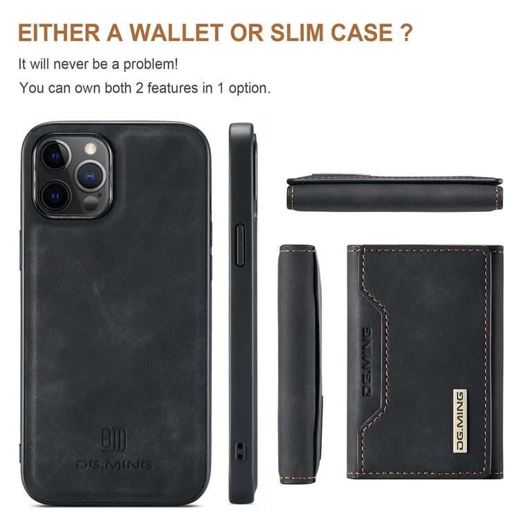 DG.MING M2 Series Enhanced Four Corners Magnetic Detachable 8 Card Slots Design Wireless Charging Hybrid Kickstand Case for iPhone 13 Pro Max 6.7 inch - Black