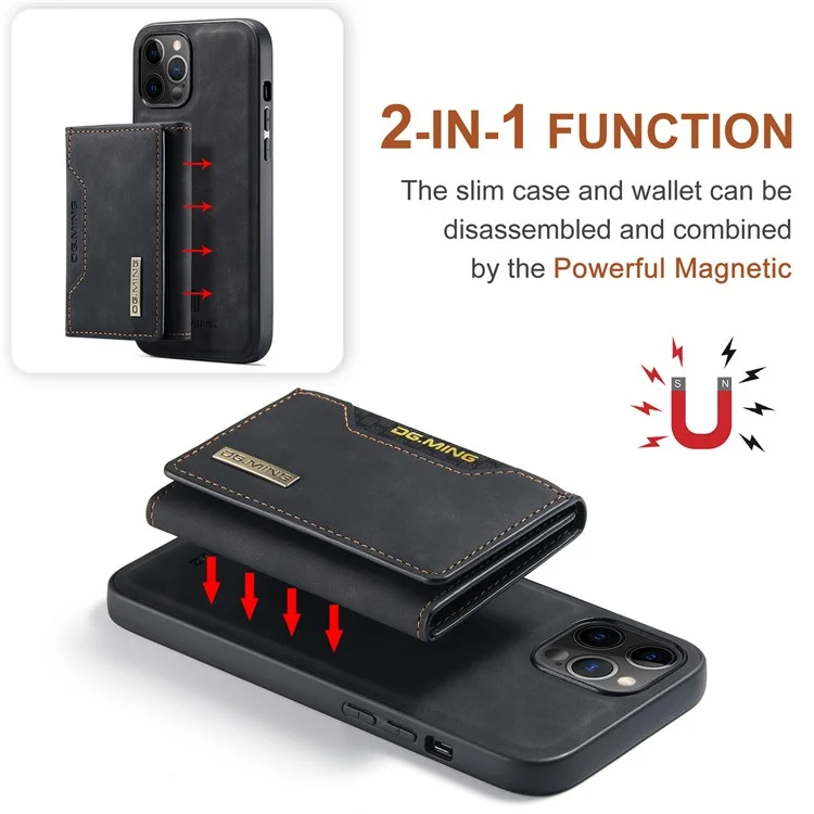 DG.MING M2 Series Enhanced Four Corners Magnetic Detachable 8 Card Slots Design Wireless Charging Hybrid Kickstand Case for iPhone 13 Pro Max 6.7 inch - Black