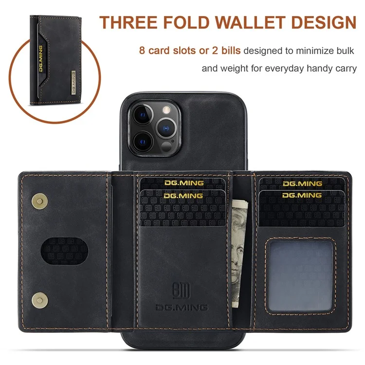 DG.MING M2 Series Enhanced Four Corners Magnetic Detachable 8 Card Slots Design Wireless Charging Hybrid Kickstand Case for iPhone 13 Pro Max 6.7 inch - Black