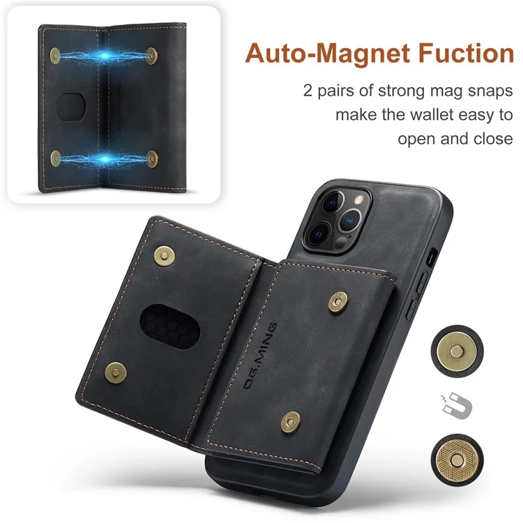 DG.MING M2 Series Enhanced Four Corners Magnetic Detachable 8 Card Slots Design Wireless Charging Hybrid Kickstand Case for iPhone 13 Pro Max 6.7 inch - Black