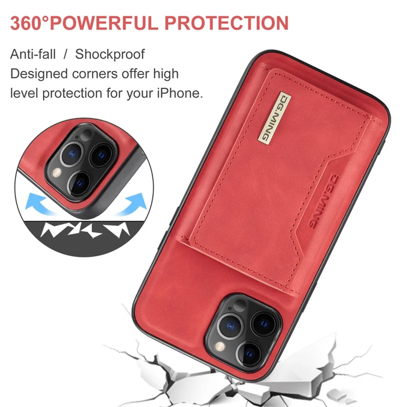 DG.MING M2 Series Enhanced Four Corners Magnetic Detachable 8 Card Slots Design Wireless Charging Hybrid Kickstand Case for iPhone 13 Pro Max 6.7 inch - Red