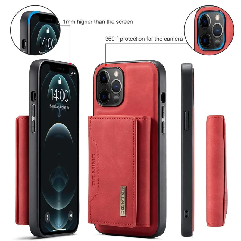 DG.MING M2 Series Enhanced Four Corners Magnetic Detachable 8 Card Slots Design Wireless Charging Hybrid Kickstand Case for iPhone 13 Pro Max 6.7 inch - Red