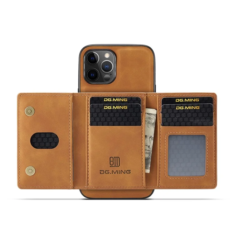 DG.MING M2 Series Magnetic Detachable 2-in-1Tri-Fold Wallet Wireless Charging Hybrid Kickstand Case for iPhone 13 Pro 6.1 inch - Marrón