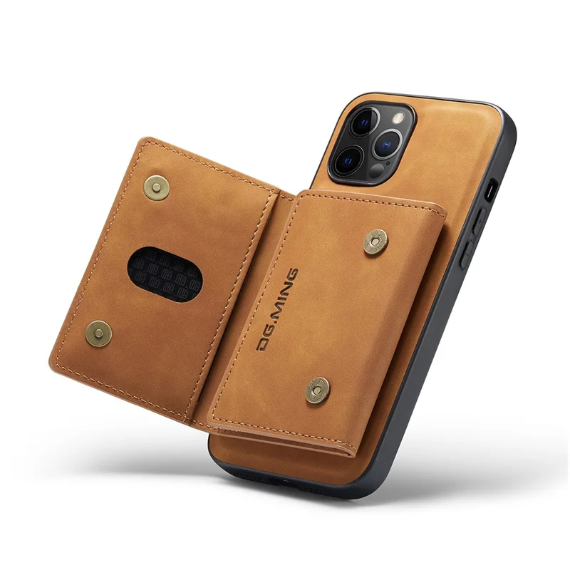 DG.MING M2 Series Magnetic Detachable 2-in-1Tri-Fold Wallet Wireless Charging Hybrid Kickstand Case for iPhone 13 Pro 6.1 inch - Marrón